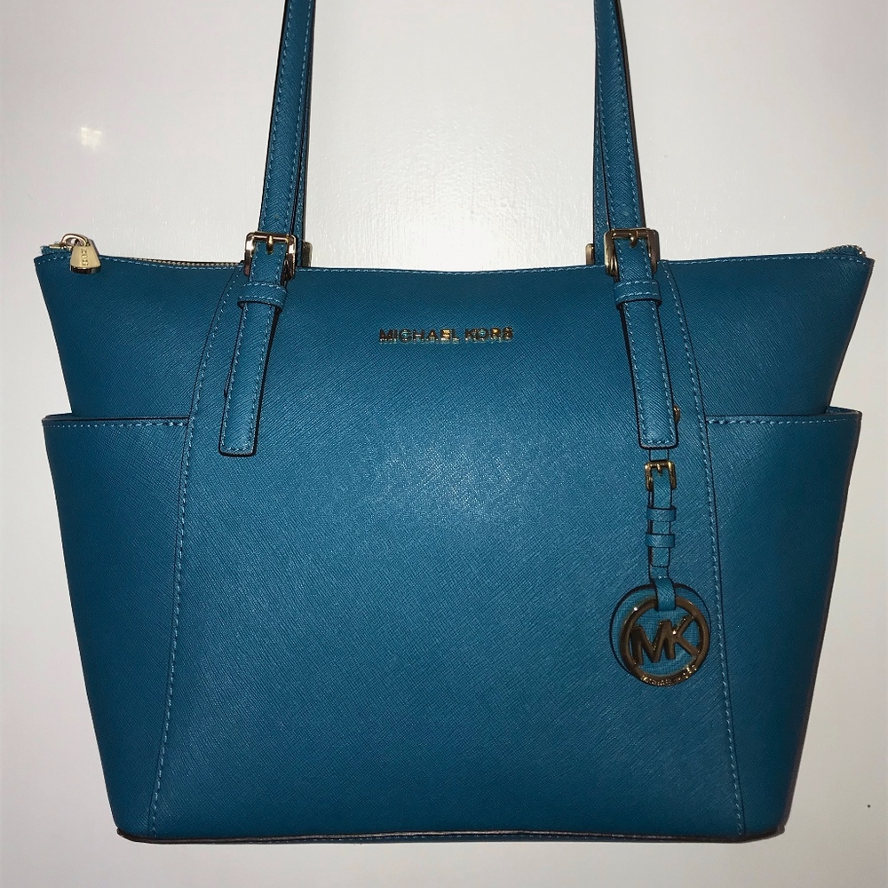 Jet Set Large Top-Zip Saffiano Leather Tote - Teal